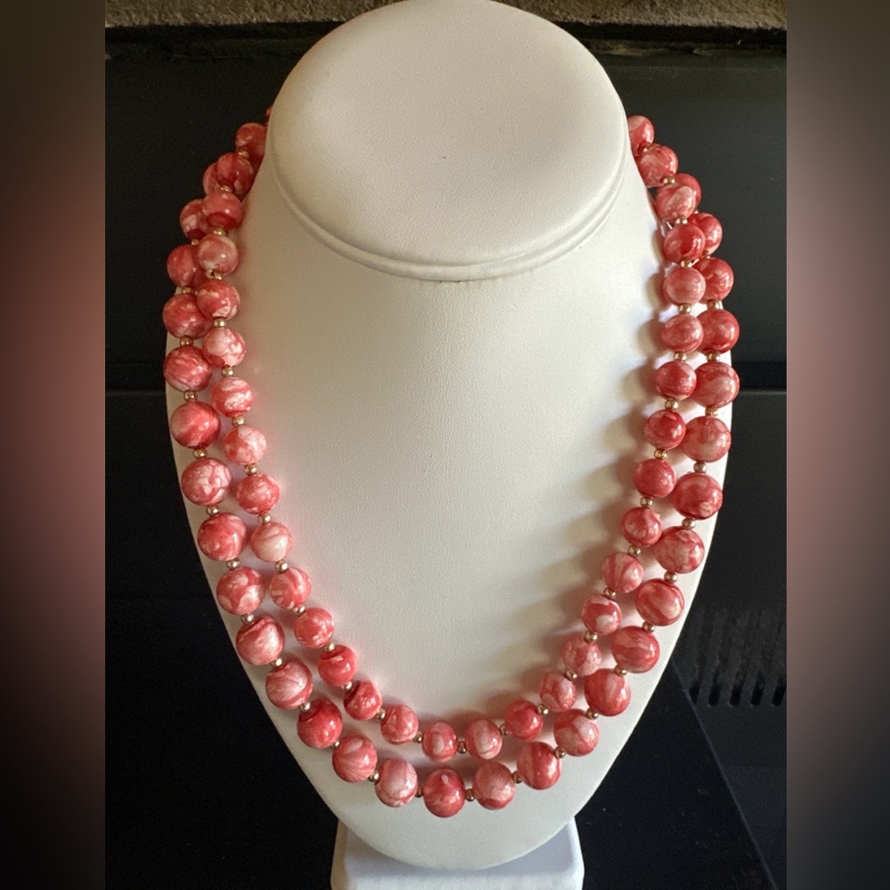 Vintage Hong Kong Elegant Cotton Candy Pink Swirl Beaded 2 Layer Necklace 20”